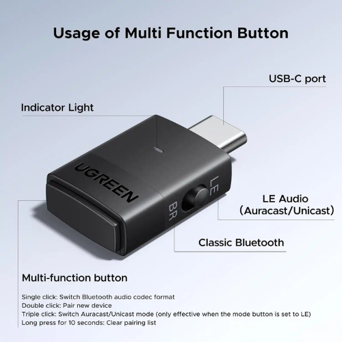 Ugreen 65708 USB-C Bluetooth Adapter for PS5 / PC with LE Audio aptX Adaptive