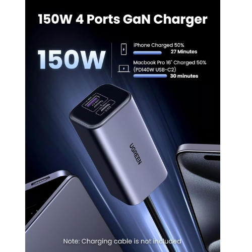 Ugreen 35571 150W 4 Port GaN 3 x Type-C And 1 x USB A Port Car Charger